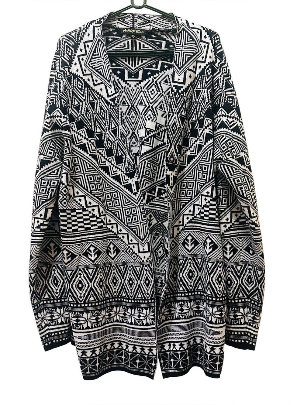 Ashley Blue Women Open Front Cardigan Wrap Black White XL Aztec Geometric Tribal